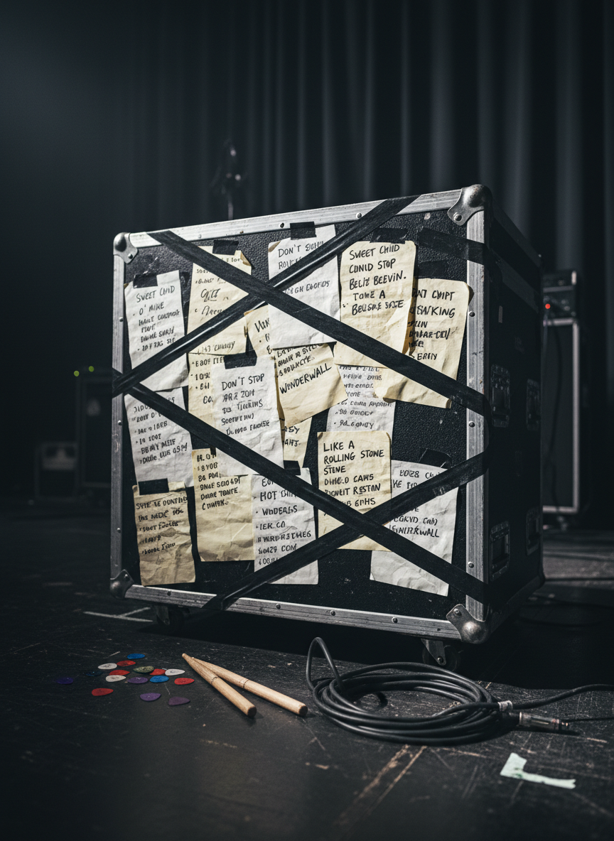 A dense cluster of setlists, handwritten in bold black marker on slightly crumpled white and yellow paper, taped to a rugged black road case with strips of matte gaffer tape, song titles featuring classic national and international pop rock hits. Around the case, colorful guitar picks, worn drumsticks with chipped tips, and a tangled patch cable lie scattered. The scene sits on a dimly lit stage floor with visible tape marks and monitor outlines. Strong overhead white spotlights create sharp, theatrical shadows and bright highlights on the paper edges, emphasizing urgency and movement. Captured from a slightly elevated angle with crisp focus on the setlists and gentle background blur of dark curtains and out-of-focus stage lighting, the photographic style feels raw, authentic, and boldly performance-driven.