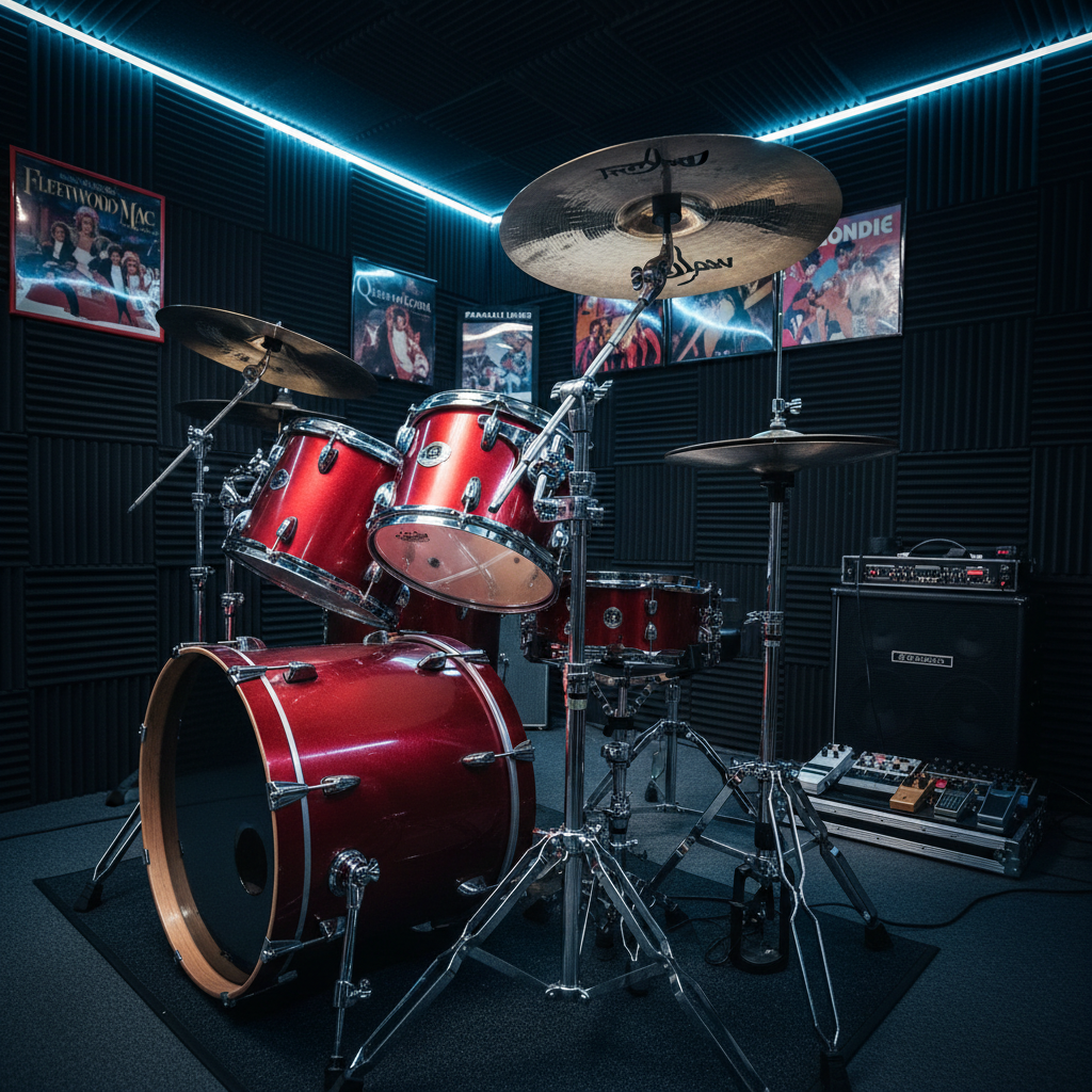 A powerful drum kit in bold metallic red finish with shimmering chrome hardware dominates a compact rehearsal studio, toms and snare angled aggressively, cymbals suspended over the kit with fingerprints and subtle stick marks visible. Surrounding the drums, thick black soundproofing foam lines the walls, interspersed with framed posters of iconic pop rock album covers. A rugged pedalboard and closed backline amp sit in the background. Cool white LED strips along the ceiling cast crisp, high-contrast light, creating sharp reflections on the drum shells and cymbals while leaving the corners slightly shadowed. Photographed at an eye-level three-quarter angle, the composition uses rule of thirds to keep the kit central while showcasing the room’s details, exuding a bold, energetic rehearsal vibe ideal for showing the band’s practice space.