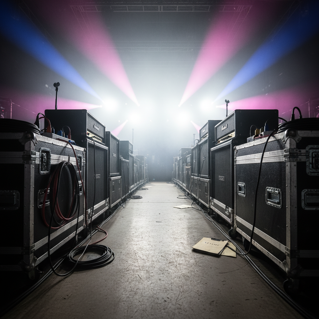 A night-time outdoor stage seen from backstage, with a line of rugged, black pop rock amplifiers and flight cases forming a corridor that leads toward intense white spotlights and a hazy, smoke-filled void where the crowd would be. Coiled cables, color-coded power strips, and labeled setlist folders rest on top of the cases. Bright, saturated magenta and cobalt stage lights slice through the haze, throwing long, dramatic shadows along the concrete floor and catching the metallic edges of hardware with sharp highlights. Captured from a low, almost ground-level angle, the composition uses leading lines created by the cases to pull the eye toward the blinding light at center frame. The photographic realism and high contrast lighting convey anticipation, power, and the bold energy of a pop rock show moments before the performance begins.