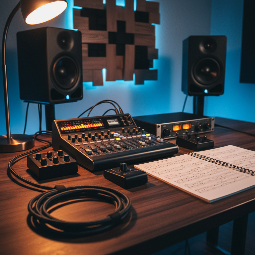 A bold close-up of a studio mixing console and audio interface in a modern home recording setup, colorful LED meters pulsing near the red as a pop rock track plays. Thick, braided instrument cables and studio monitor controllers sprawl across a dark walnut desk, beside a spiral notebook open to neatly written song arrangements and chord charts. In the background, two large black studio monitors and a wall-mounted acoustic diffuser form a geometric backdrop, softly blurred. The room is lit by moody, low-key lighting: a single warm desk lamp and cool blue ambient LED strips behind the desk, creating a dynamic contrast of orange and blue highlights on the brushed metal knobs. Photographed from a slightly elevated, angled perspective in sharp photographic realism, the mood is focused, creative, and confidently professional.