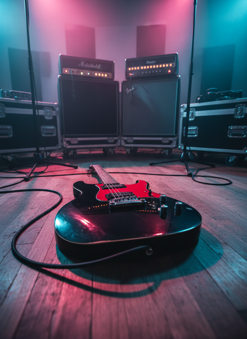 A glossy black electric guitar with chrome hardware and bold red pickguard resting on a slightly scuffed wooden rehearsal room floor, coiled cable snaking toward a towering stack of black pop rock amplifiers with glowing orange LEDs. Empty microphone stands and sturdy road cases form a loose semicircle around the setup, suggesting an imminent soundcheck. Harsh, directional stage lights in magenta and electric blue slice through a faint haze, creating sharp reflections along the guitar’s curves and dramatic shadows across the floor. Shot at low angle with the guitar in the foreground and amps rising powerfully behind, shallow depth of field blurs the far wall of acoustic panels. The photographic realism emphasizes texture and contrast, creating a bold, energetic atmosphere suited for a pop rock band portfolio hero image.